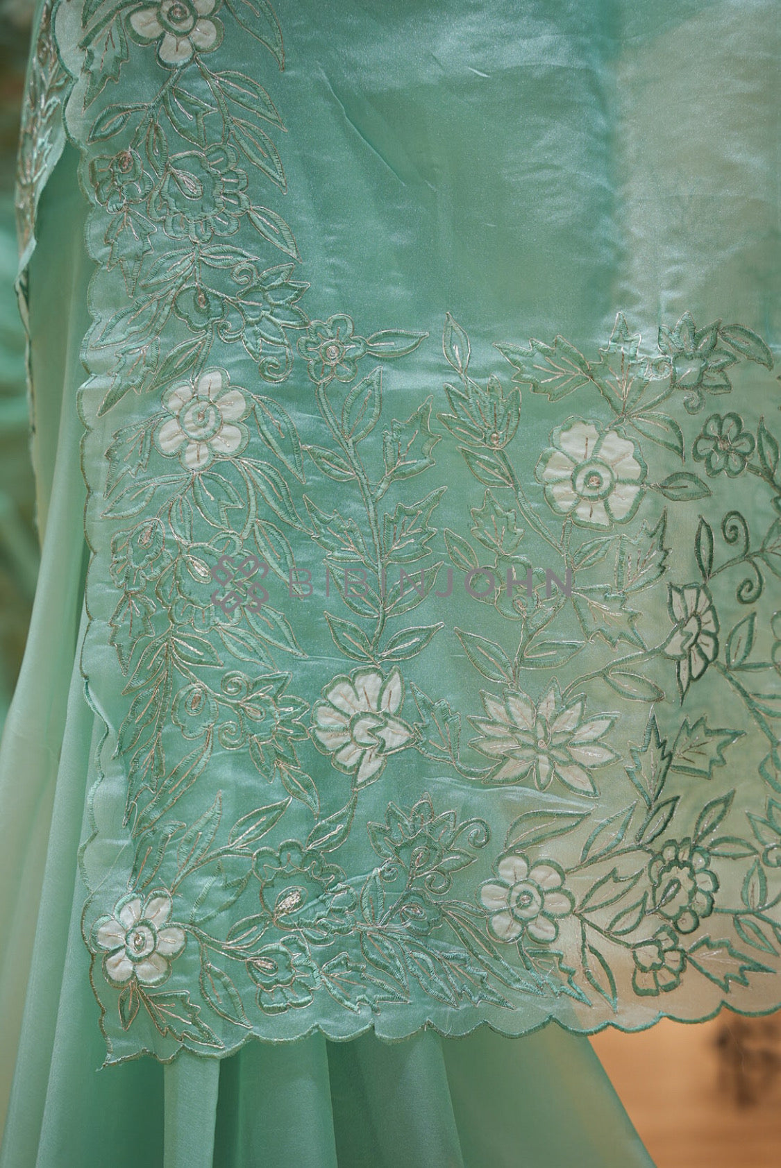Tissue Organza Embroidery Saree For Women Mint Aqua pallu