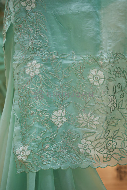 Tissue Organza Embroidery Saree For Women Mint Aqua pallu