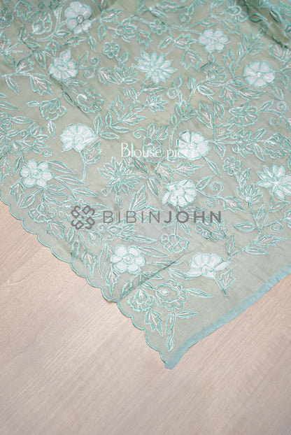 Tissue Organza Embroidery Saree For Women Mint Aqua  blouse piece