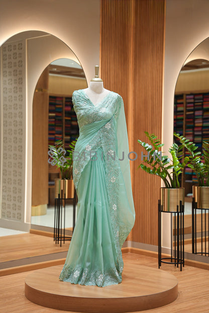 Tissue Organza Embroidery Saree For Women Mint Aqua 