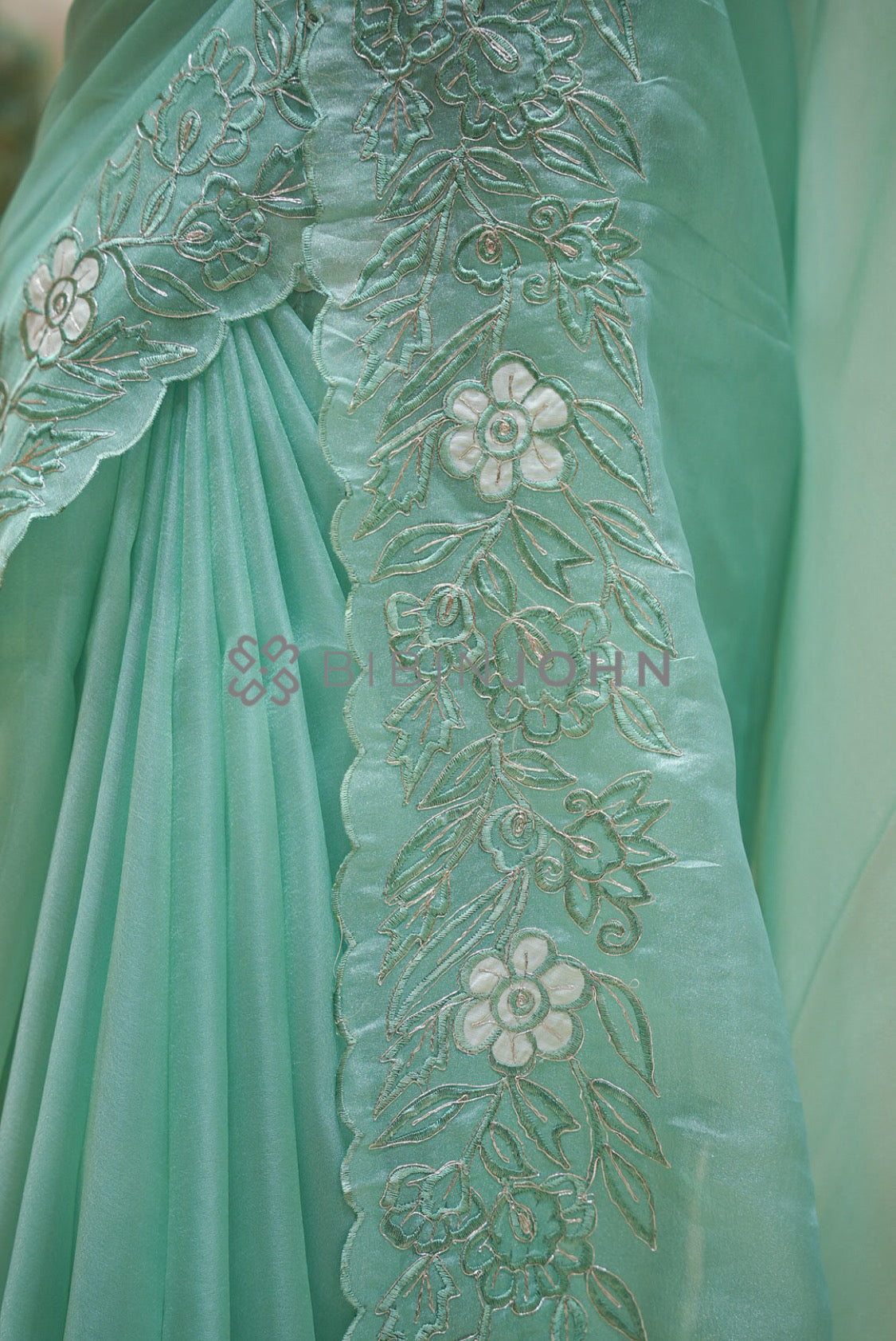 Tissue Organza Embroidery Saree For Women Mint Aqua side view