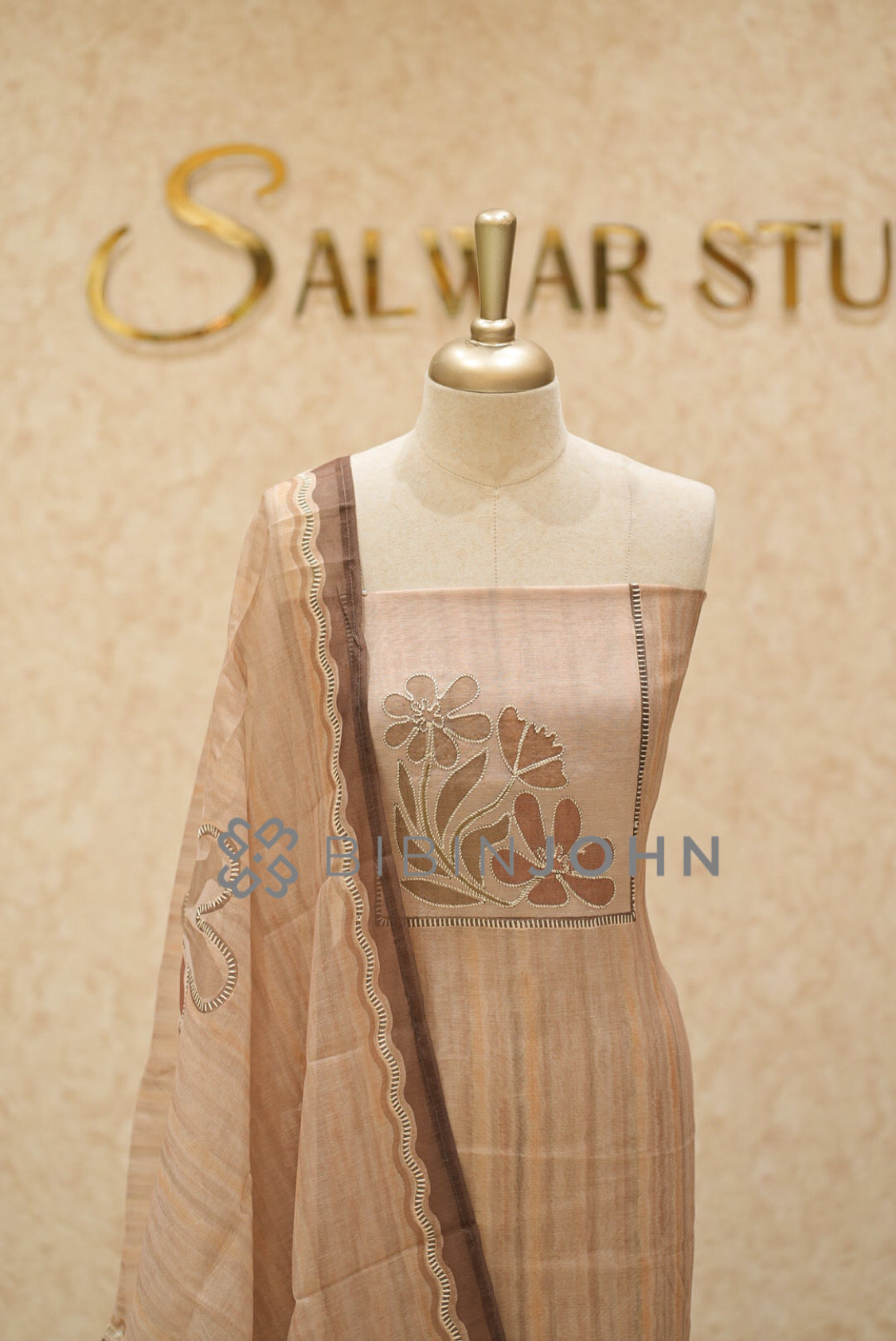 Chanderi Embroidery Unstitched Salwar Suit Material Warm Beige  close view