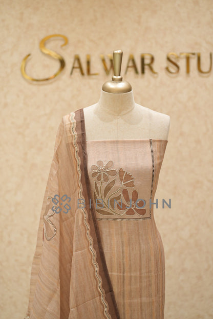 Chanderi Embroidery Unstitched Salwar Suit Material Warm Beige  close view