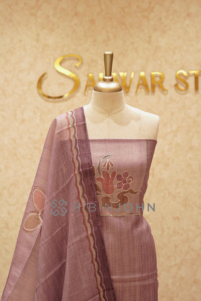 Chanderi Embroidery Unstitched Salwar Suit Material Dusty Mauve CLOSE VIEW