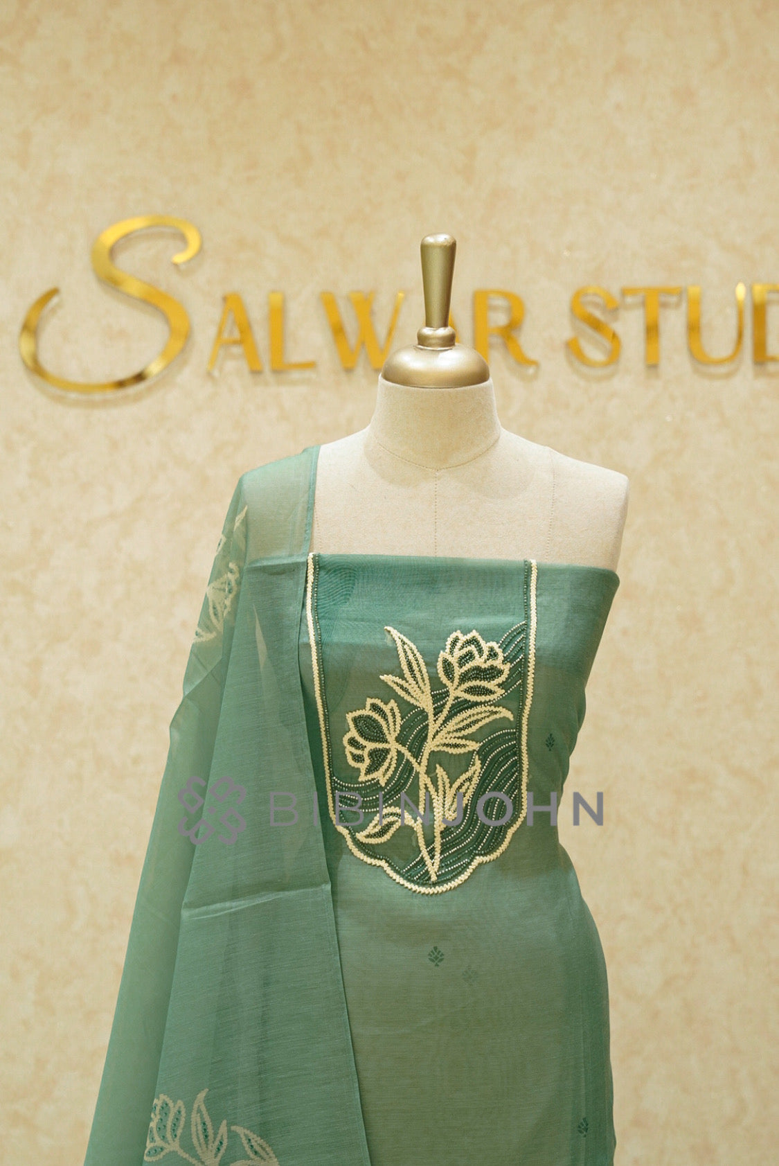 Chanderi Embroidery Unstitched Salwar Suit Material Sage Green close view
