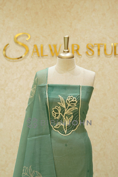 Chanderi Embroidery Unstitched Salwar Suit Material Sage Green close view
