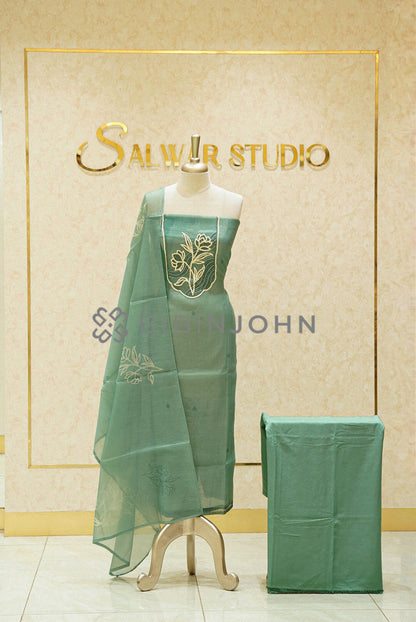 Chanderi Embroidery Unstitched Salwar Suit Material Sage Green