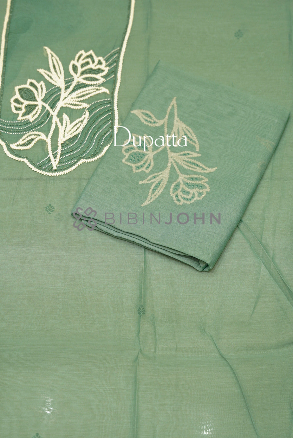 Chanderi Embroidery Unstitched Salwar Suit Material Sage Green dupatta