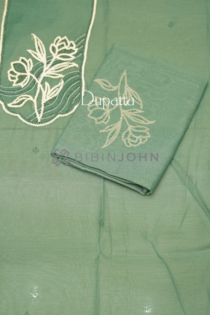 Chanderi Embroidery Unstitched Salwar Suit Material Sage Green dupatta