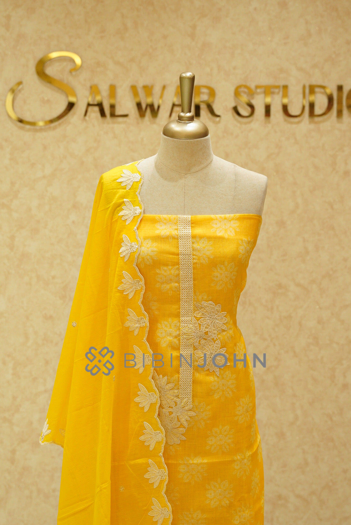  Linen Embroidery Unstitched Salwar Suit Material Marigold yellow close view