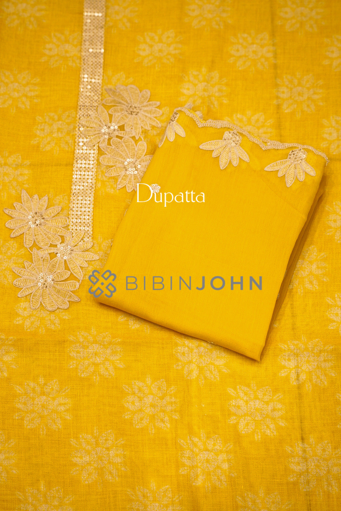  Linen Embroidery Unstitched Salwar Suit Material Marigold yellow dupatta