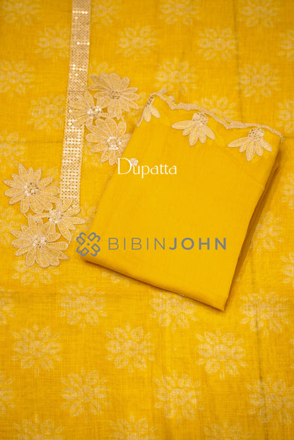 Linen Embroidery Unstitched Salwar Suit Material Marigold yellow dupatta