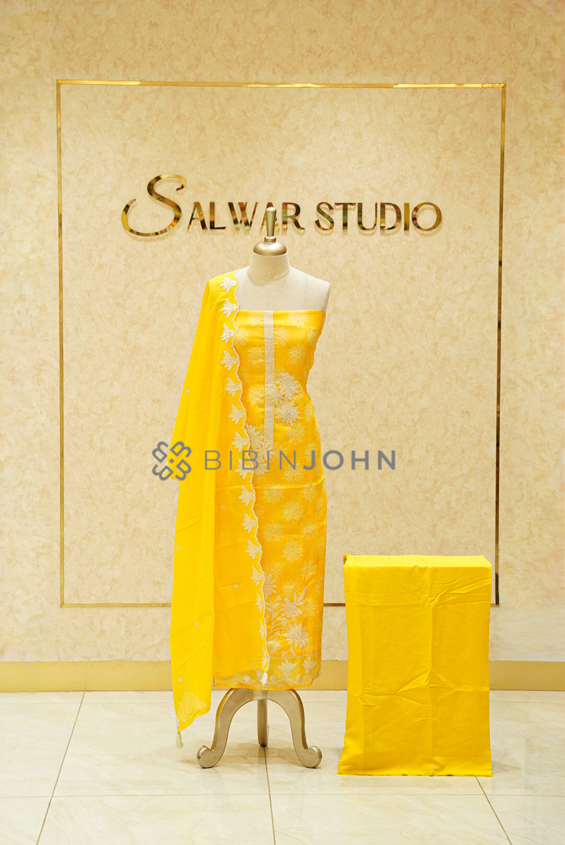  Linen Embroidery Unstitched Salwar Suit Material Marigold yellow