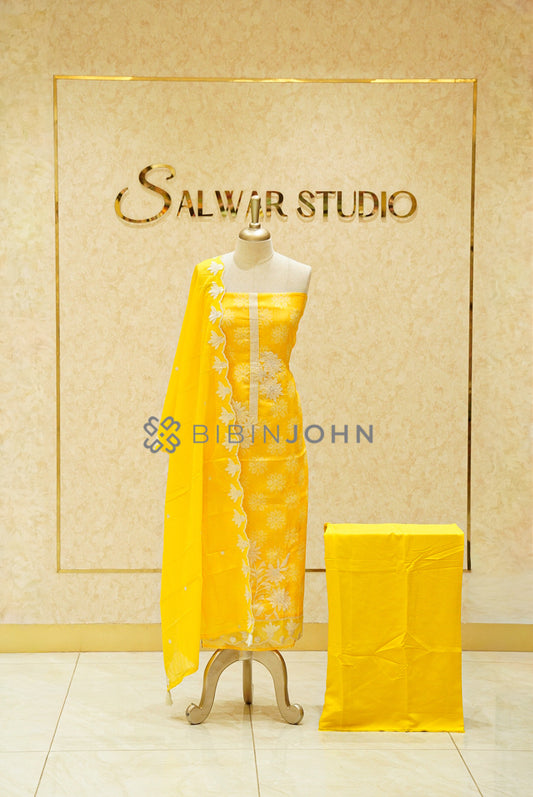  Linen Embroidery Unstitched Salwar Suit Material Marigold yellow