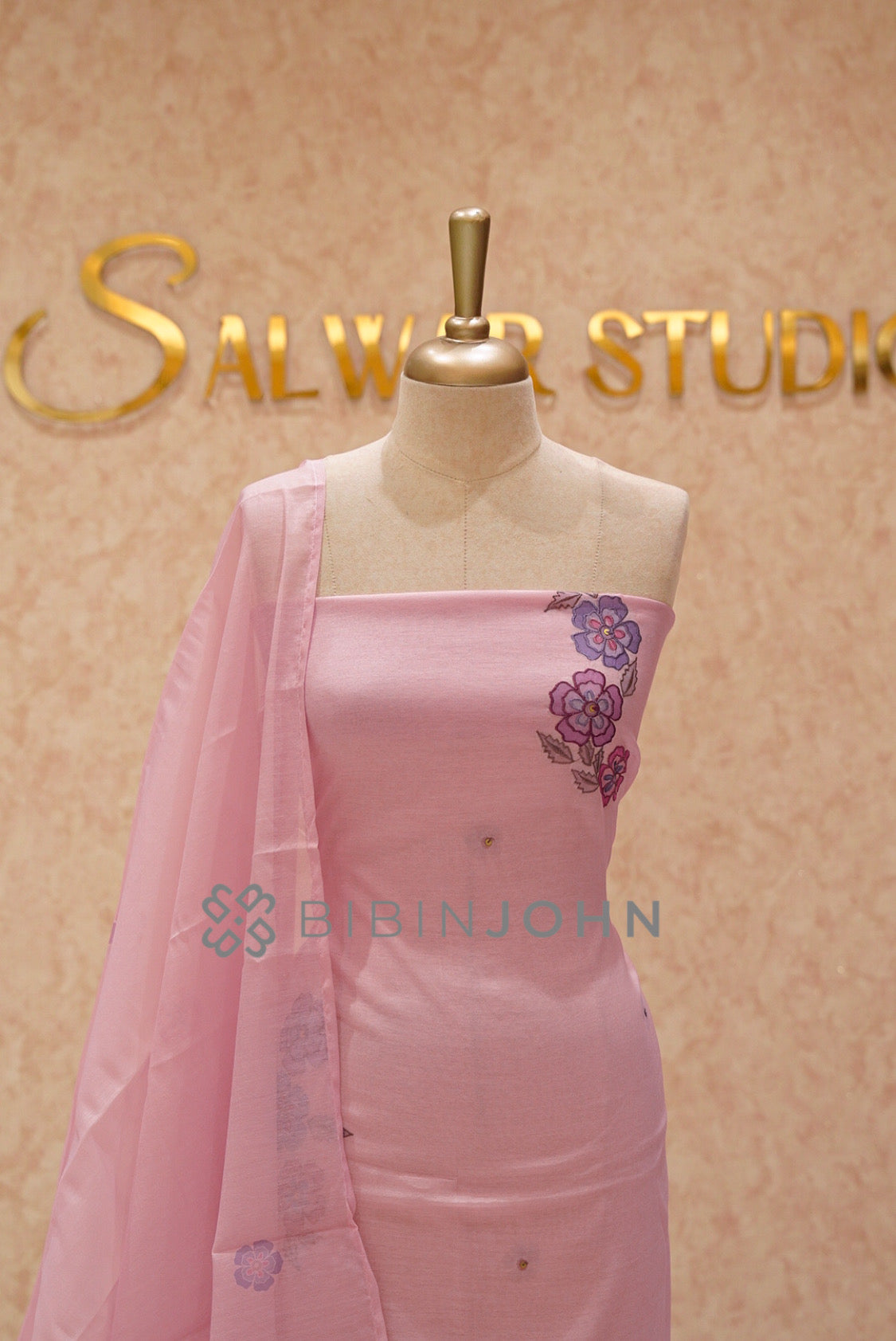 Chanderi Embroidery Unstitched Salwar Suit Material Blush Baby Pink close view
