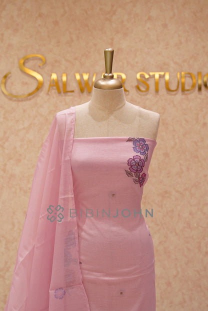 Chanderi Embroidery Unstitched Salwar Suit Material Blush Baby Pink close view