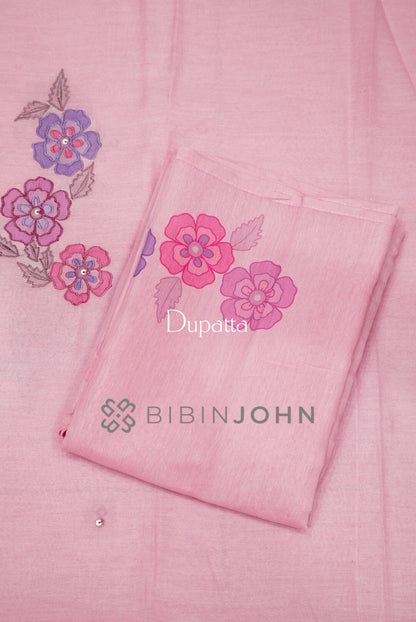  Chanderi Embroidery Unstitched Salwar Suit Material Blush Baby Pink dupatta