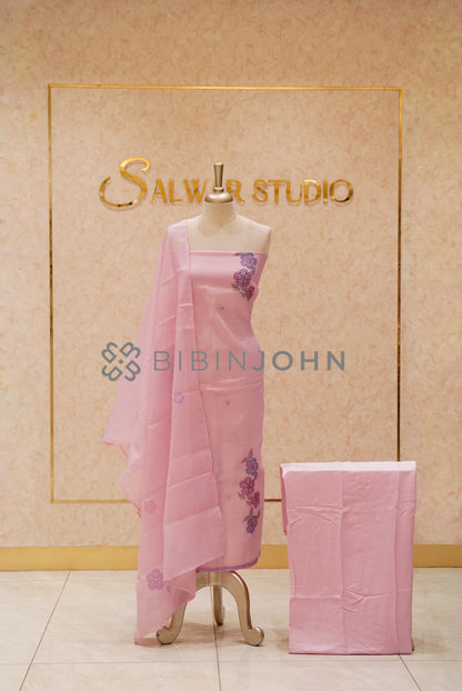Chanderi Embroidery Unstitched Salwar Suit Material Blush Baby Pink