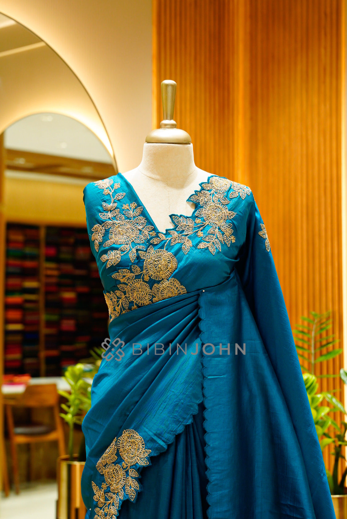 Silk Embroidery Saree For Women Peacock Teal  close view