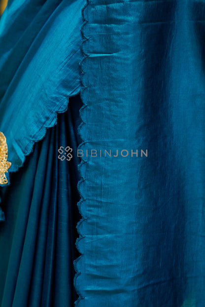 Silk Embroidery Saree For Women Peacock Teal  side view