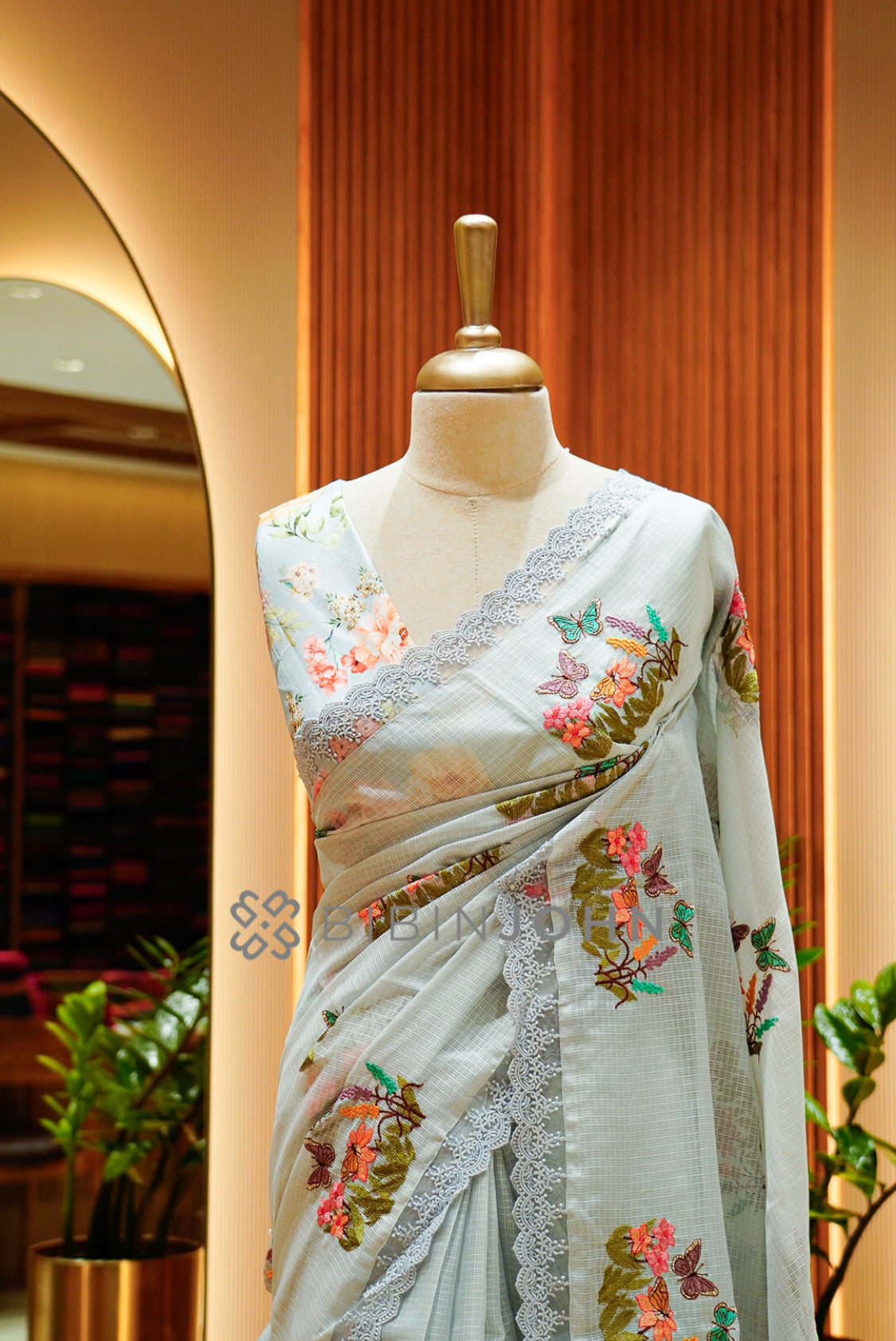 Cotta Embroidery Saree For Women Mist Grey-Blue  CLOSE VIEW
