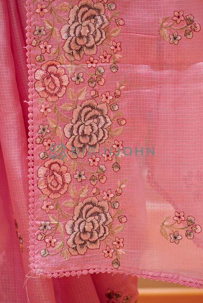 Cotta Embroidery Saree For Women Blush Pink pallu