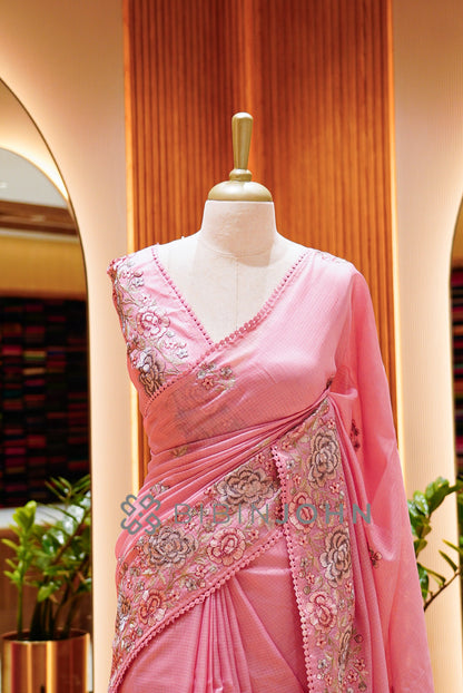 Cotta Embroidery Saree For Women Blush Pink close view