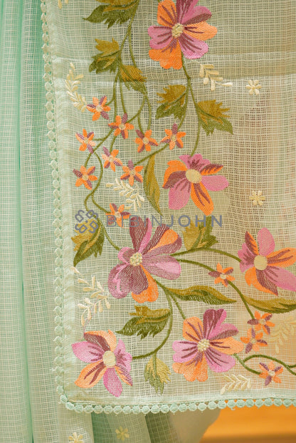Cotta Embroidery Saree For Women Mint Green PALLU