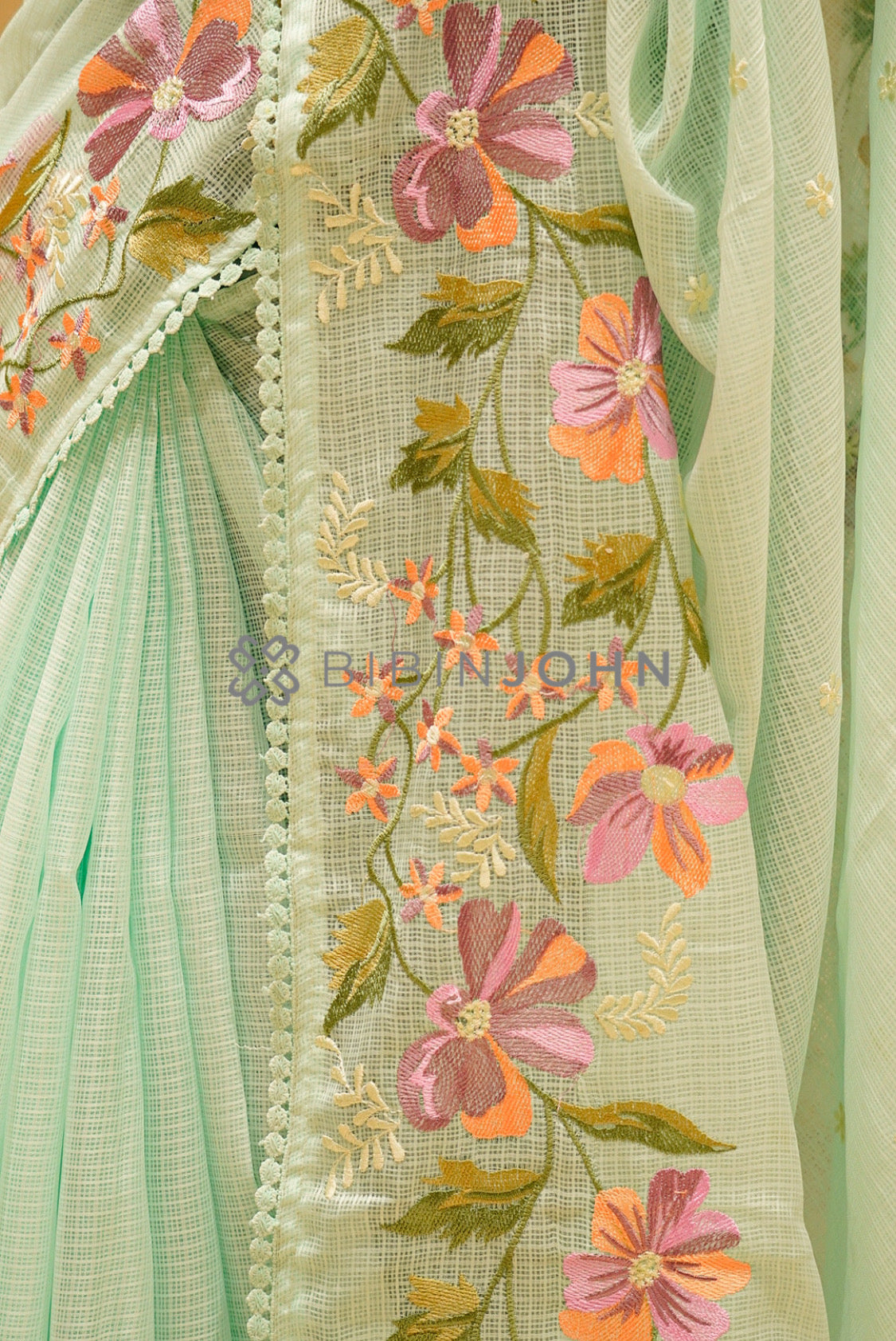 Cotta Embroidery Saree For Women Mint Green SIDE VIEW
