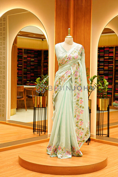 Cotta Embroidery Saree For Women Mint Green
