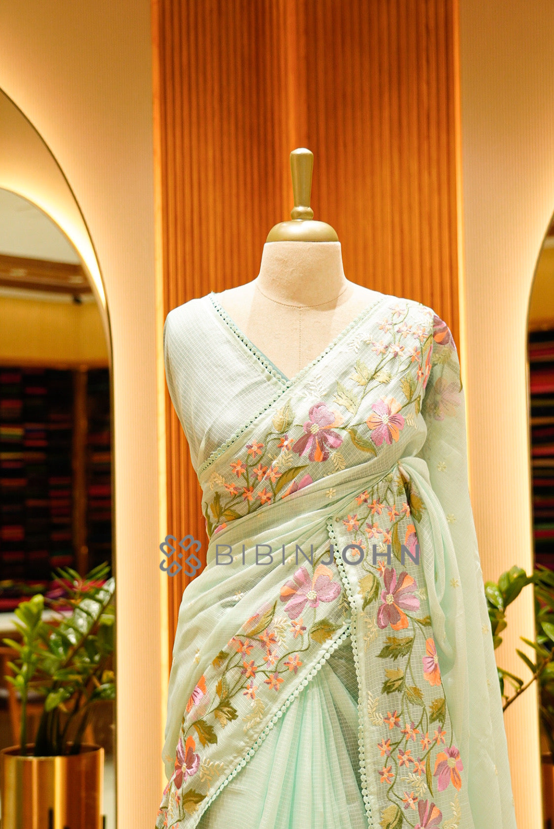 Cotta Embroidery Saree For Women Mint Green CLOSE VIEW