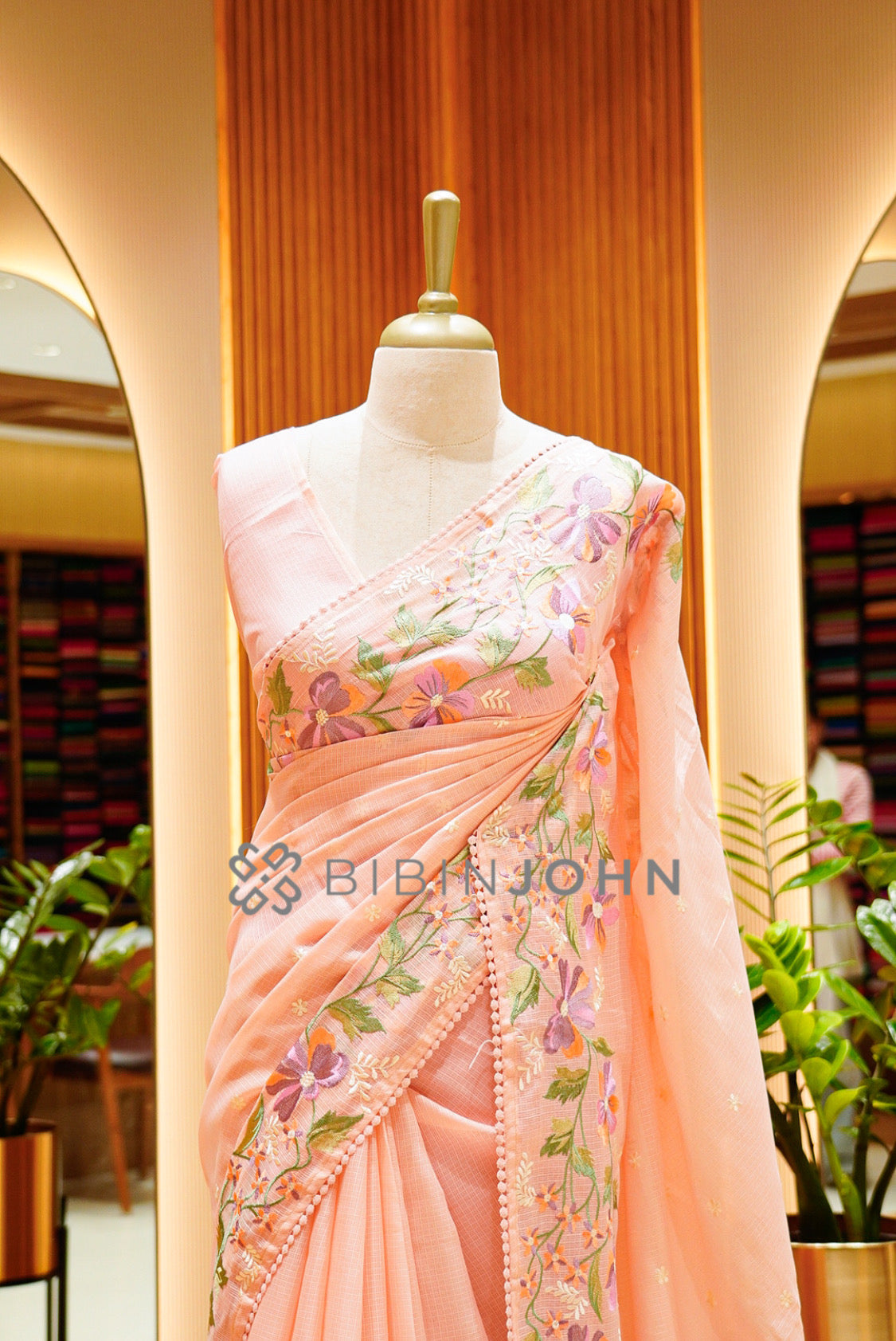 Cotta Embroidery Saree For Women Soft Peach CLOSE VIEW