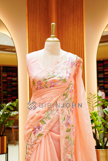Cotta Embroidery Saree For Women Soft Peach CLOSE VIEW