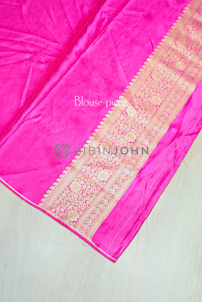 Satin Brocade Saree For Women Rani Pink blouse piece