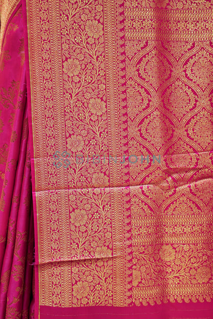 Satin Brocade Saree For Women Rani Pink pallu