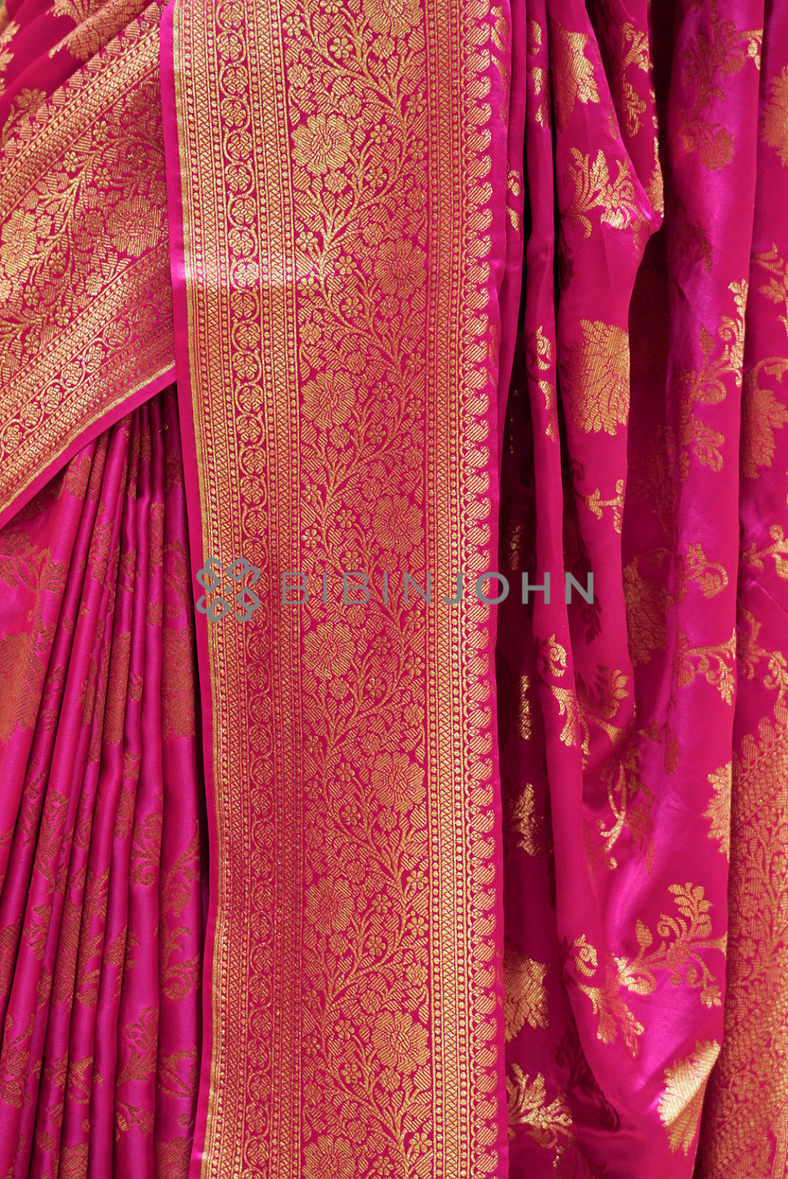 Satin Brocade Saree For Women Rani Pink side view