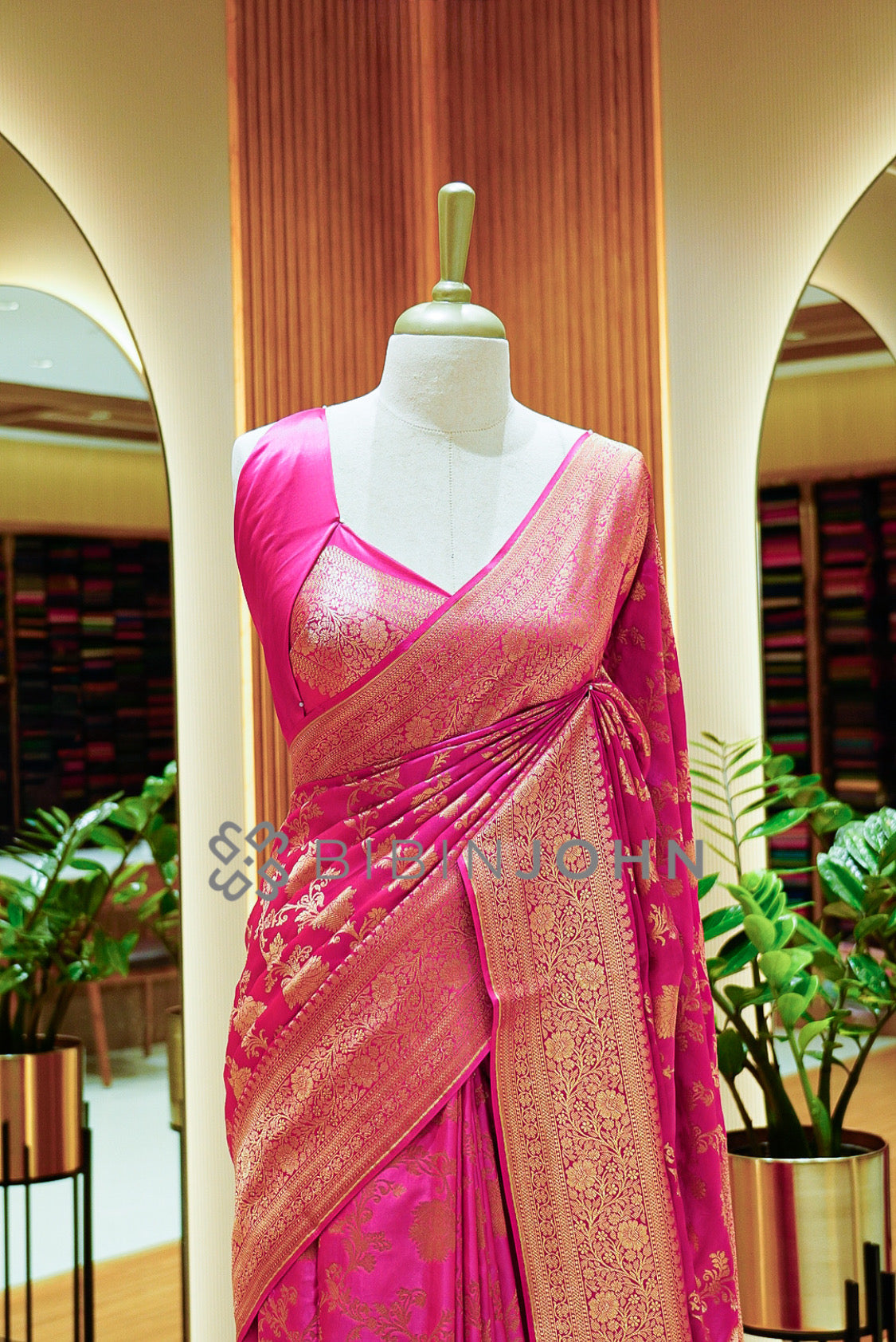 Satin Brocade Saree For Women Rani Pink close view