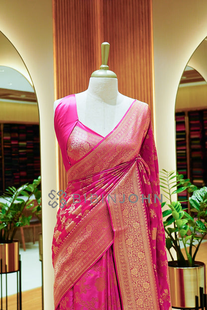 Satin Brocade Saree For Women Rani Pink close view