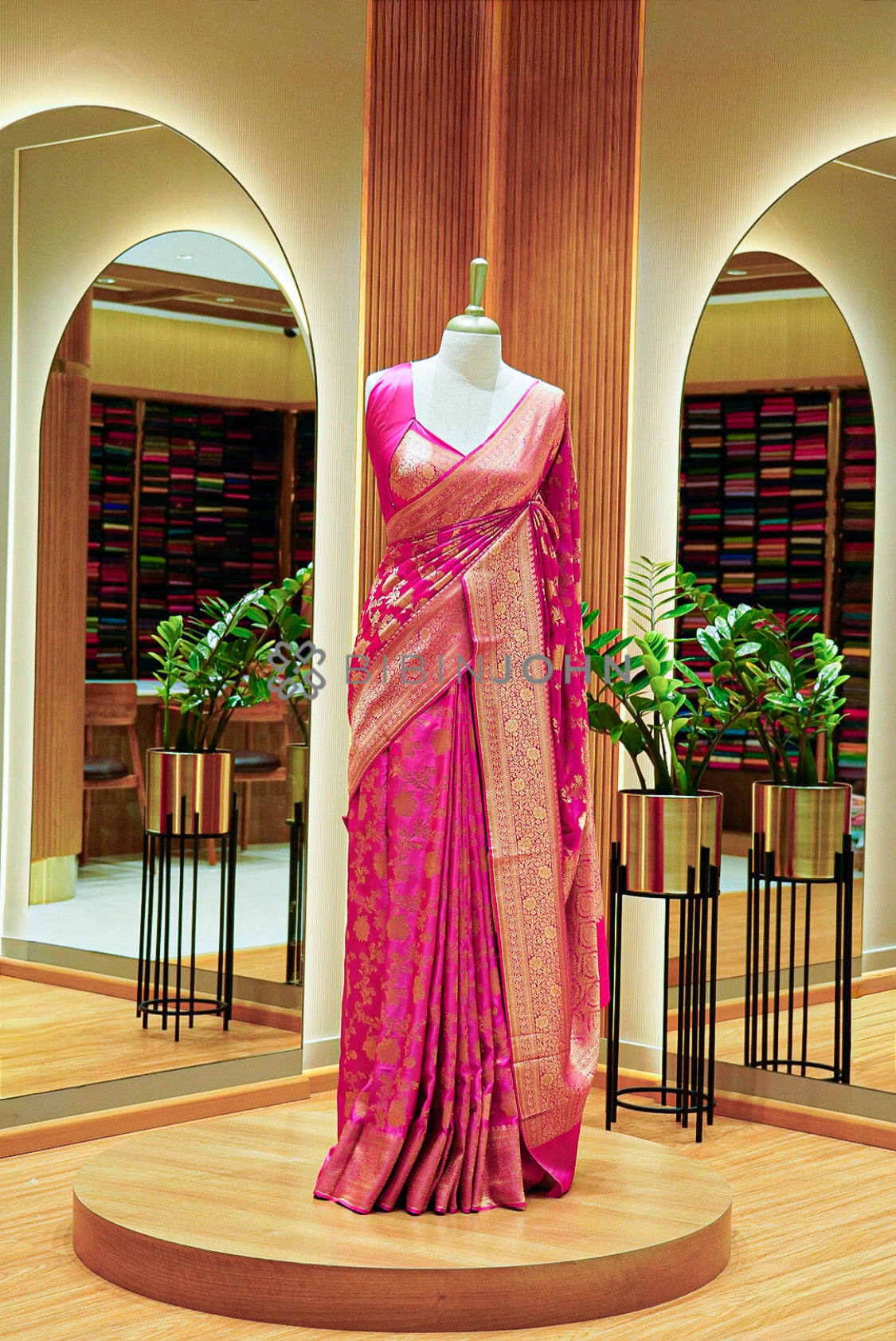 Satin Brocade Saree For Women Rani Pink