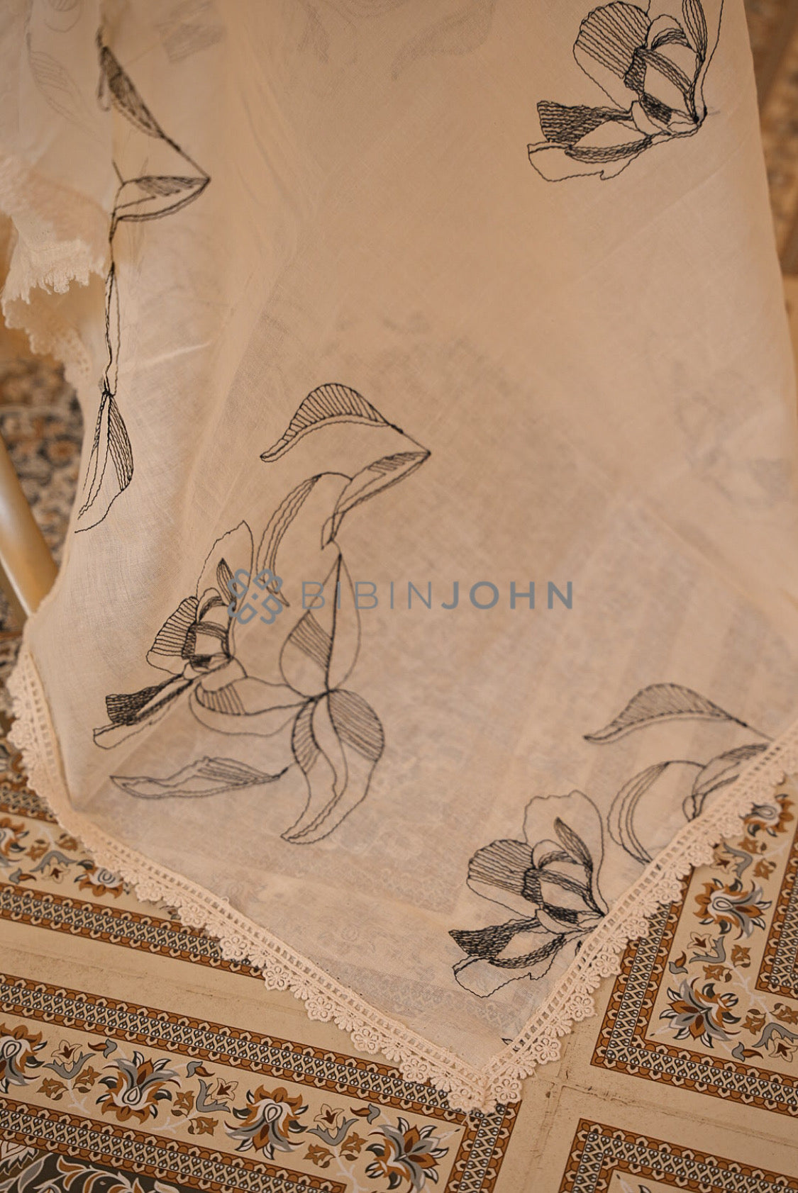 Cotton Embroidery Dupatta For Women Cream side view