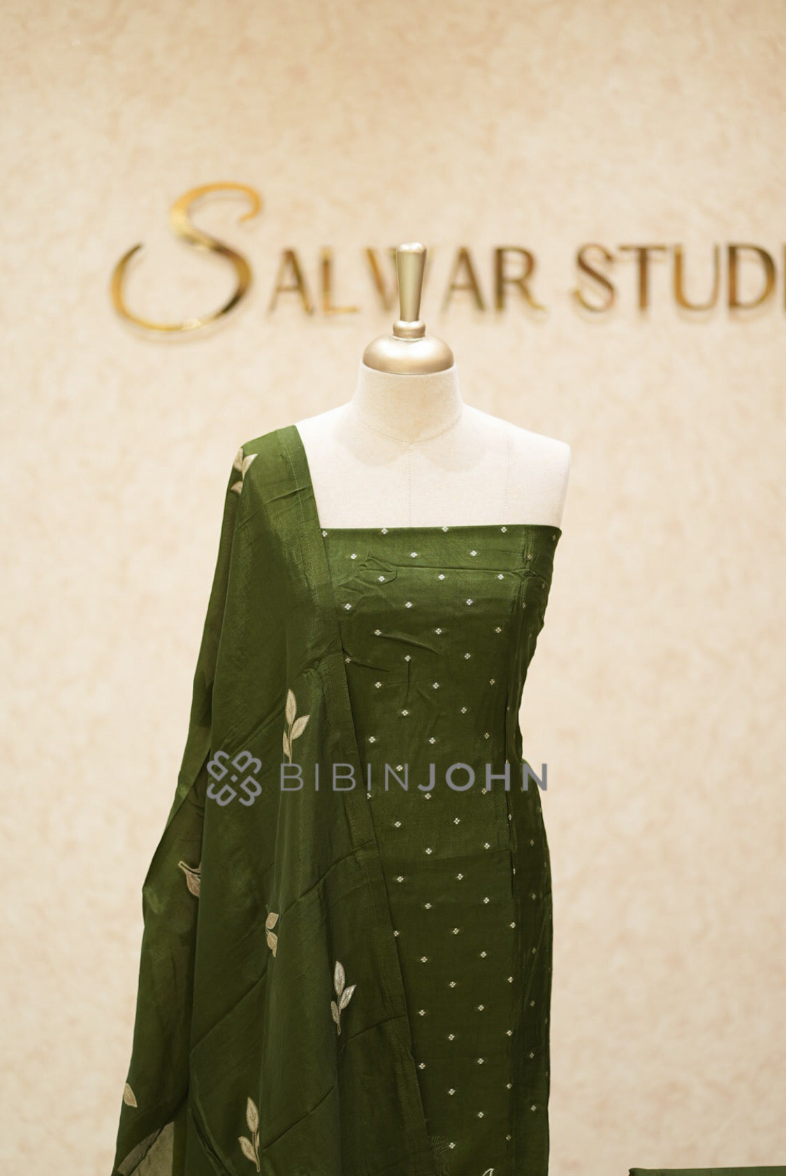 Silk Embroidery Unstitched Salwar Suit Material Olive Green close view