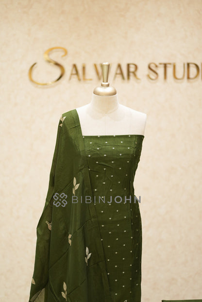Silk Embroidery Unstitched Salwar Suit Material Olive Green close view