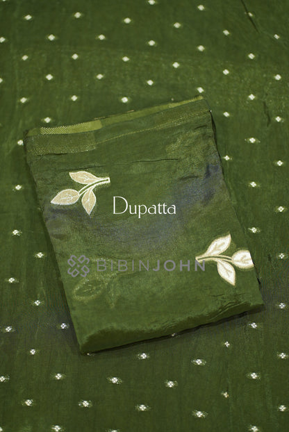 Silk Embroidery Unstitched Salwar Suit Material Olive Green  dupatta