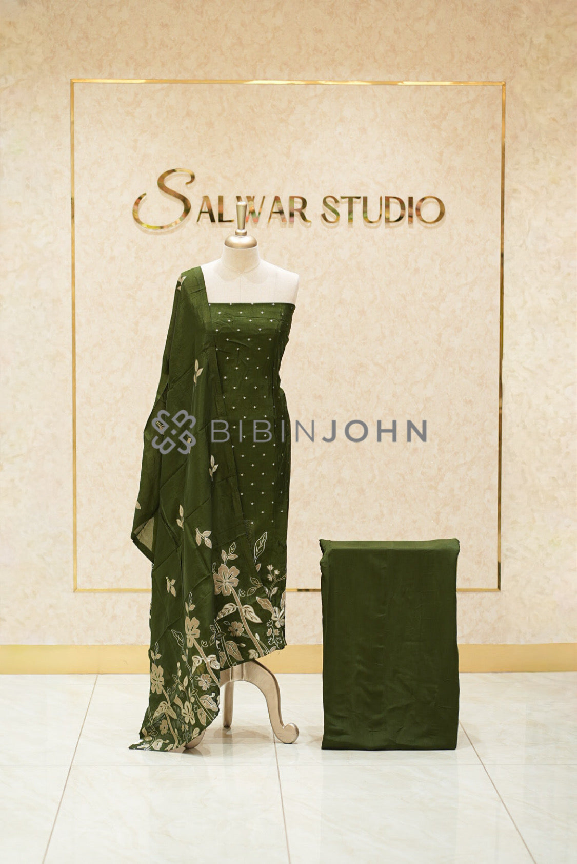Silk Embroidery Unstitched Salwar Suit Material Olive Green 