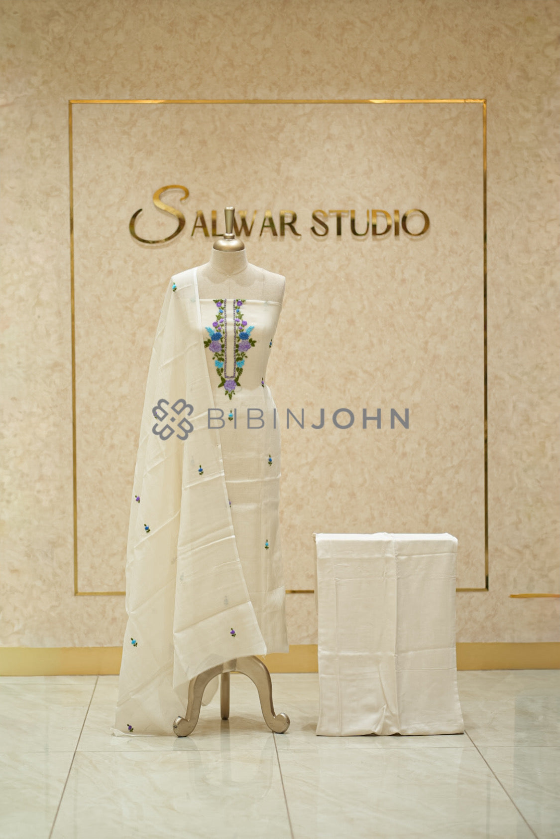 Chanderi Embroidery Unstitched Salwar Suit Material Ivory 