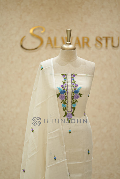 Chanderi Embroidery Unstitched Salwar Suit Material Ivory  close view