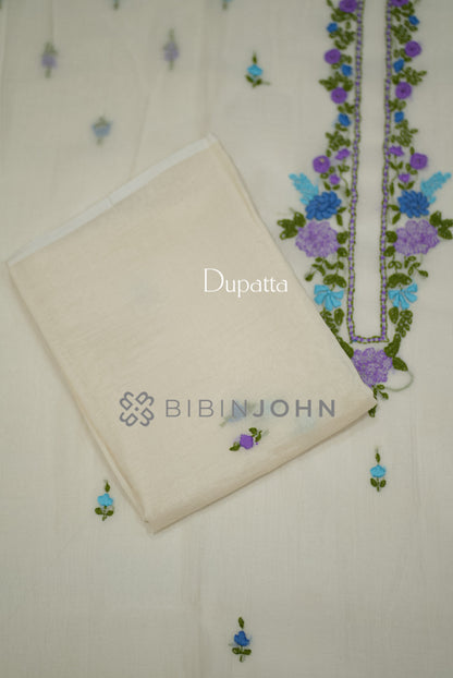 Chanderi Embroidery Unstitched Salwar Suit Material Ivory  dupatta