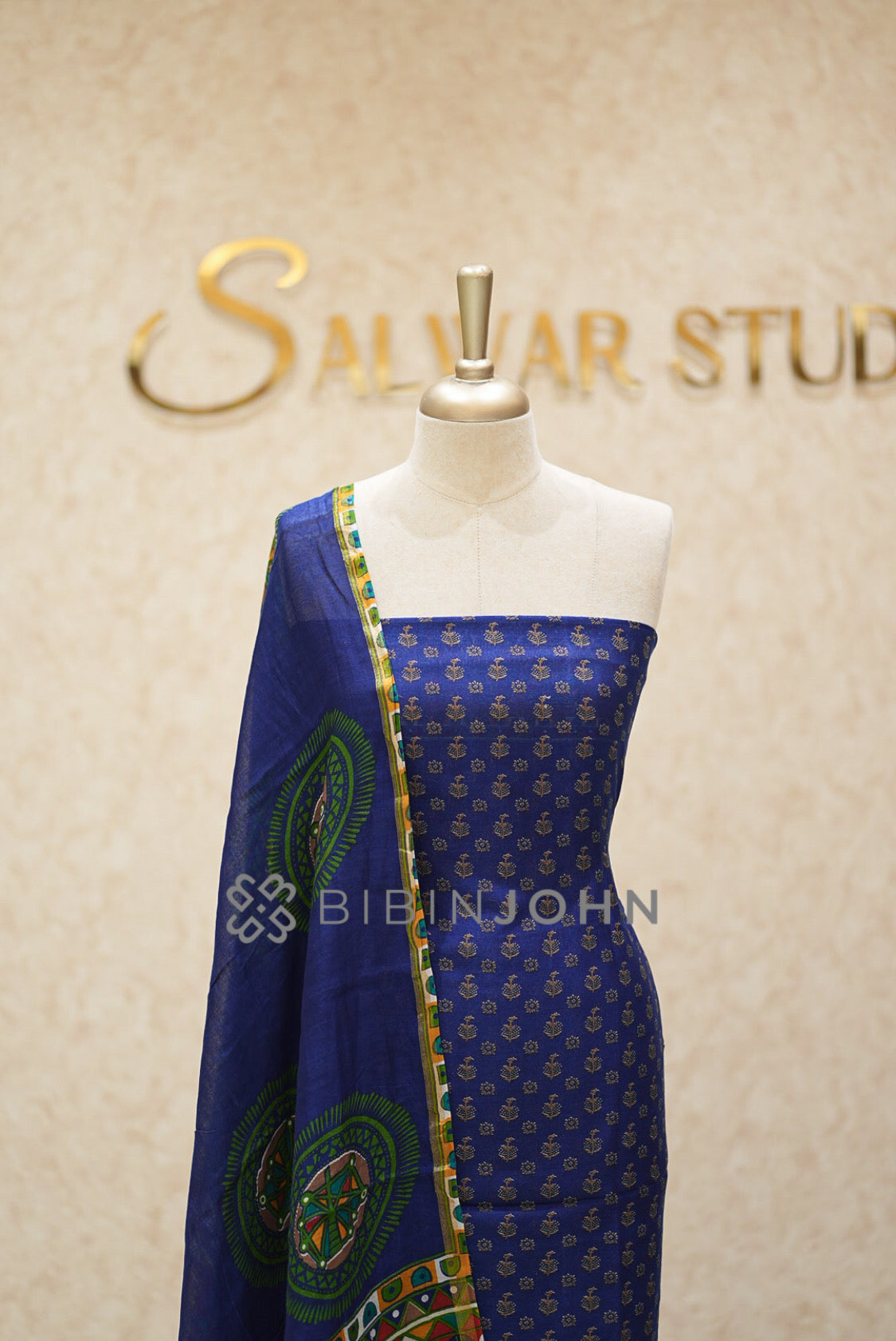 Printed Chanderi Unstitched Salwar Suit Material Royal Blue CLOSE VIEW