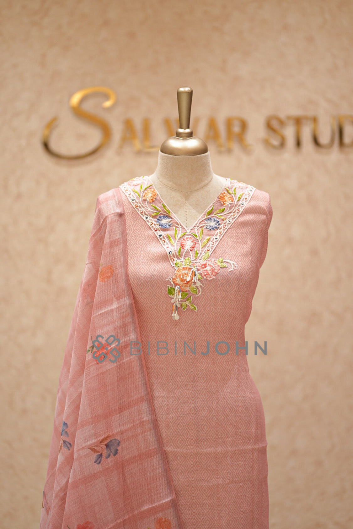 Linen Embroidery Semi Stitched Salwar Suit Material Peach Pink CLOSE VIEW