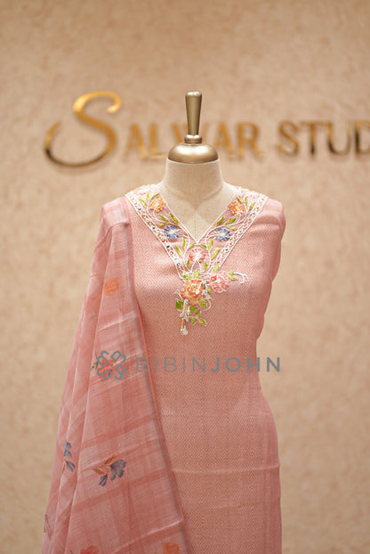 Linen Embroidery Semi Stitched Salwar Suit Material Peach Pink CLOSE VIEW